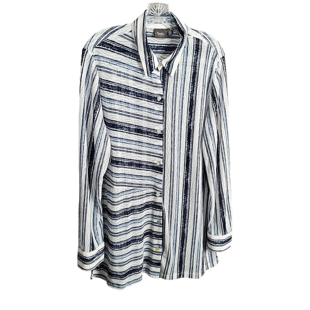 Chico's Travelers 3 Size XL Tunic Blouse Semi Sheer Striped Flowy Stretchy Lace